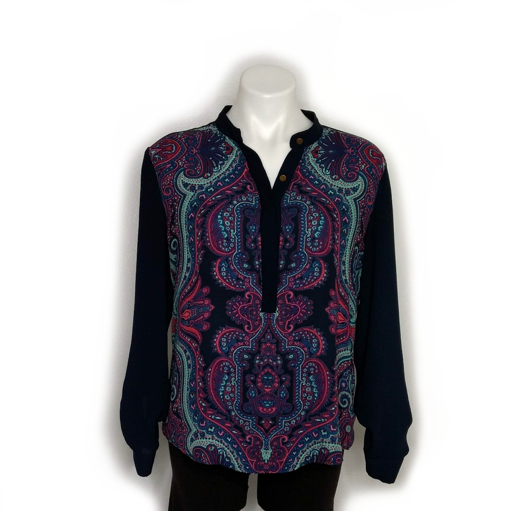 Adrianna Papell Navy and Pink Paisley Blouse